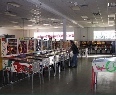 Rows of classic pinball machines