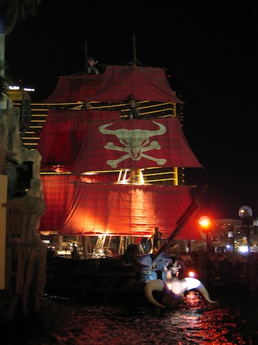 Pirate ship with red sails